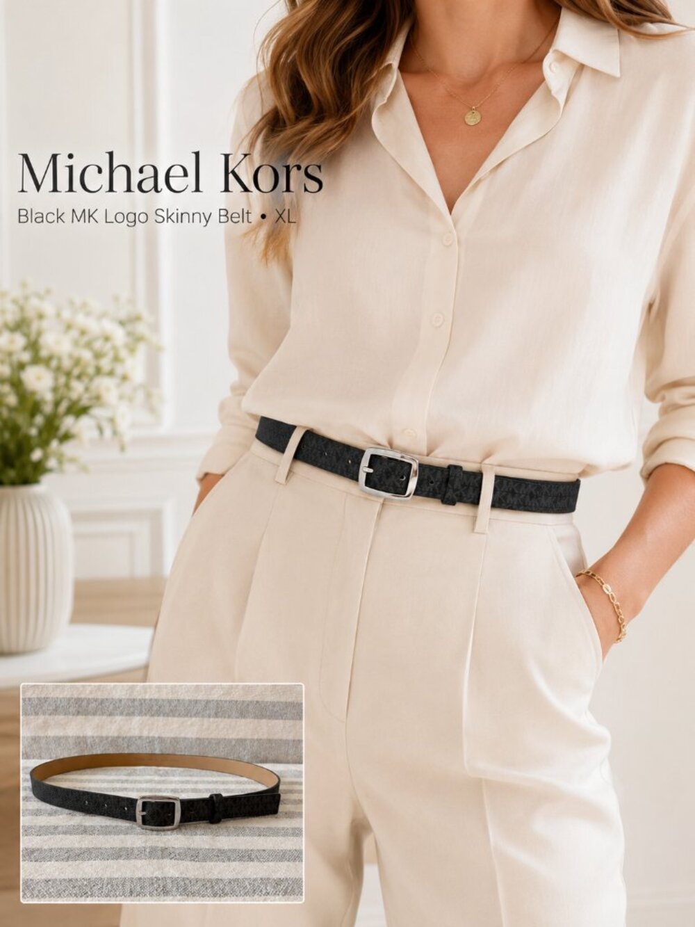Michael Kors Black MK Logo Skinny Belt Silver Buckle Size XL - Picture 1 of 11